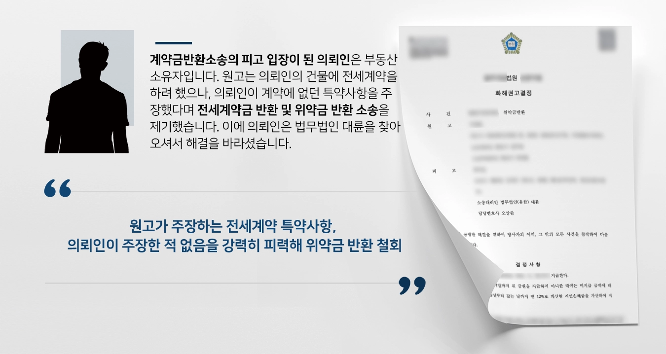 [계약금반환소송 승소]민사전문변호사 조력으로 위약금 반환 금액 75% 이상 감액