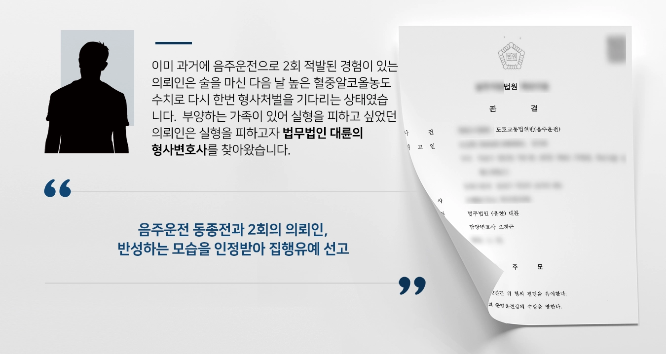 [음주운전 처벌방어] 음주전력 2회 의뢰인 형사변호사 조력으로 집행유예 판결