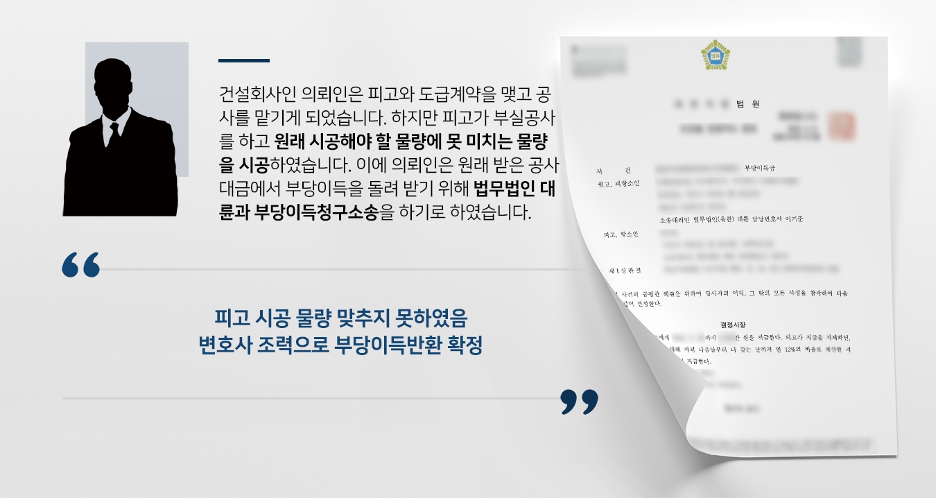 [부당이득반환청구소송 성공사례] 기업변호사 조력으로 물량 못 맞춘 피고에 부당이득반환 받음